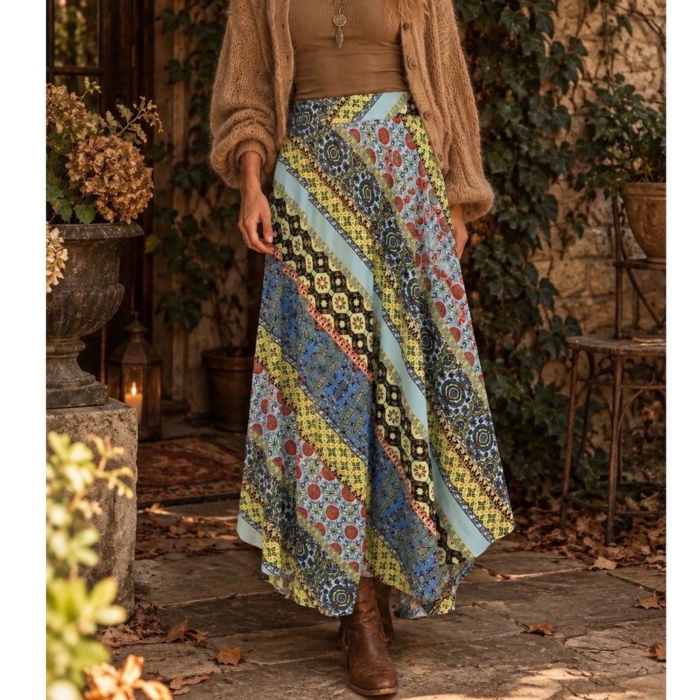 Asymmetrical Maxi Skirt Womens XL Boho Practical Magic patchwork print festival